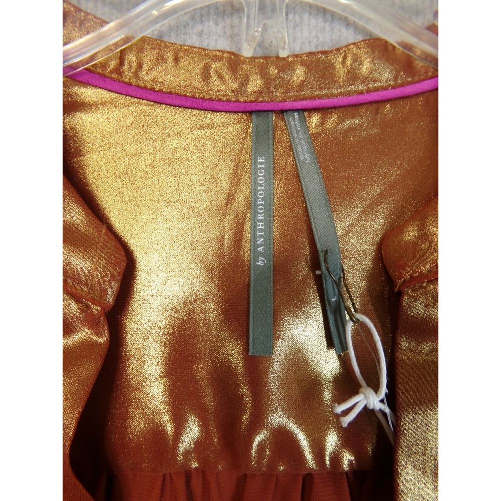 Anthropologie Metallic Foil Peasant Blouse Womens Bronze‎ Caramel Size L NWT - Picture 4 of 8